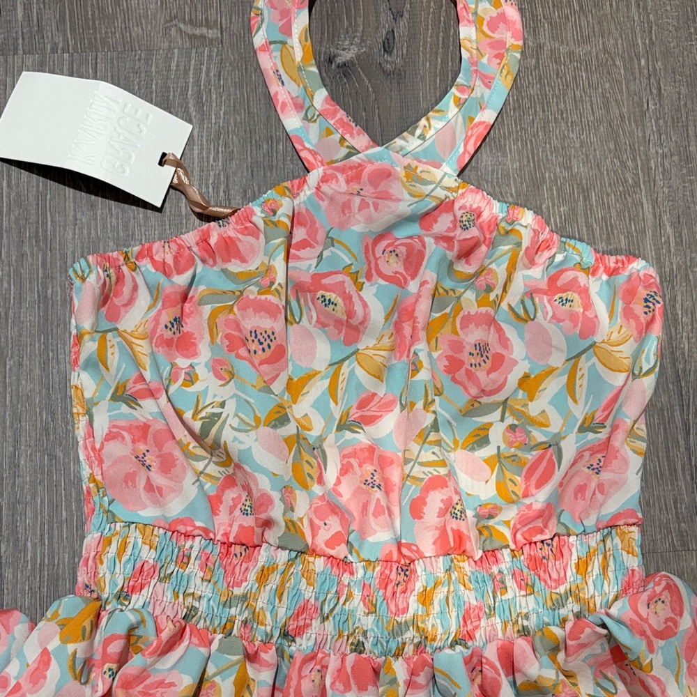 Grace Karin Girls Floral Halter Tiered Dress Pink Green - Picture 3 of 9